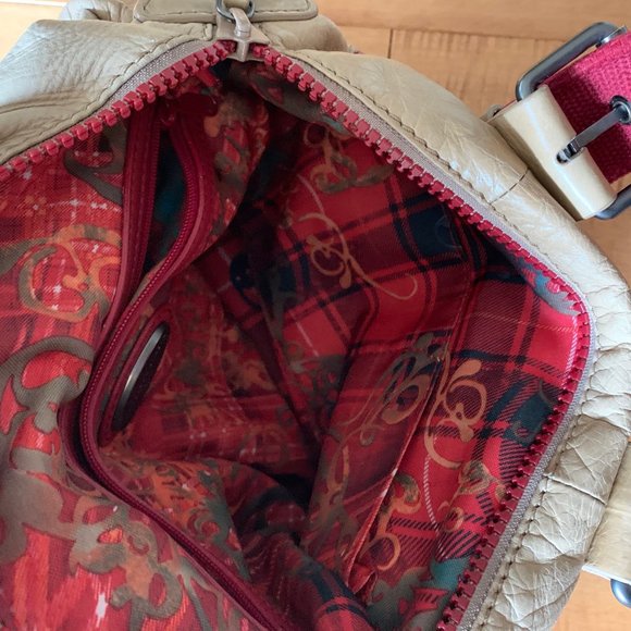 Beige Leather satchel bag with burgundy straps